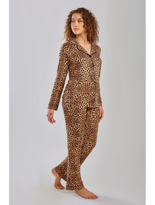 ICOLLECTION Women's Chiya Modal Leopard Pajama Pant Set with Button Down Collar, 2 Piece