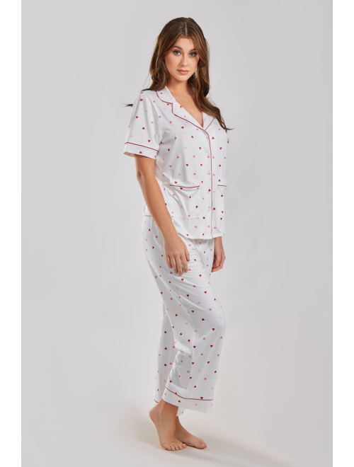 ICOLLECTION Women's Kyley Pajama Heart Print Pant Set Trimmed in Red, 2 Piece