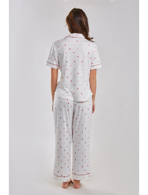 ICOLLECTION Women's Kyley Pajama Heart Print Pant Set Trimmed in Red, 2 Piece