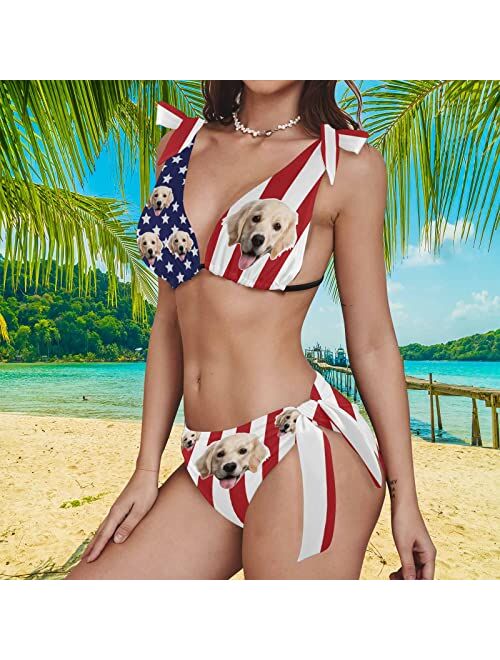 Artsadd Custom Woman's American Flag Bikini with Face Personalized Photo on Bathing Suit for Women