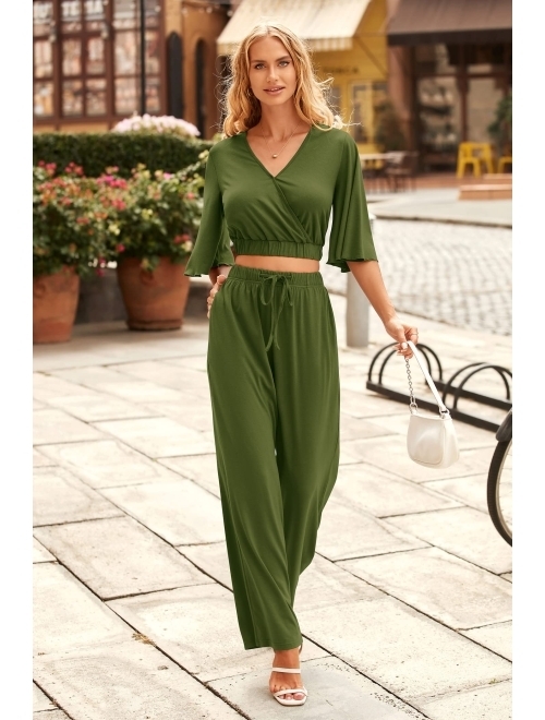 PRETTYGARDEN 2 Piece Outfits for Women 2023 Summer Short Sleeve Wrap V Neck Crop Tops Wide Leg Pants Set