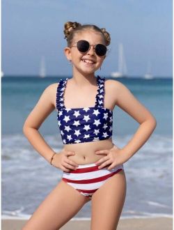Girls Americana Print Frill Trim Bikini Swimsuit