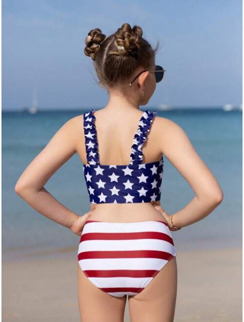 Shein Girls Americana Print Frill Trim Bikini Swimsuit