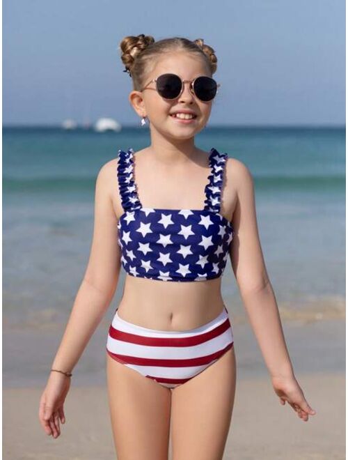 Shein Girls Americana Print Frill Trim Bikini Swimsuit