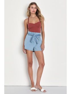 Breezy Delights Light Wash Chambray Paper Bag Shorts
