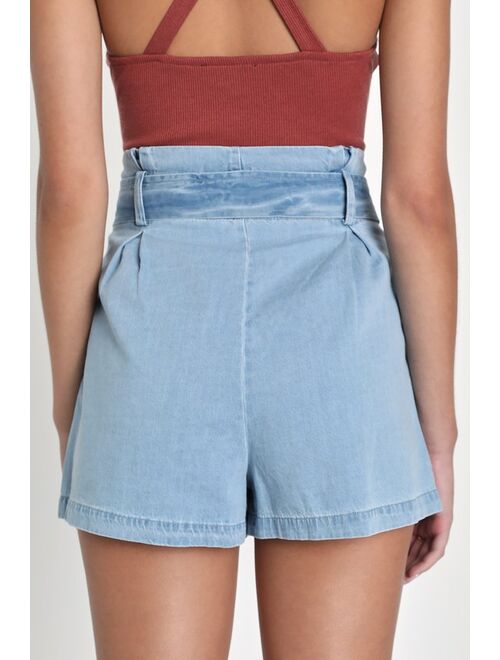 Lulus Breezy Delights Light Wash Chambray Paper Bag Shorts
