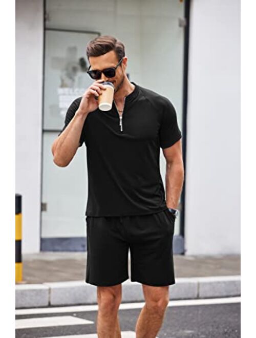COOFANDY Men's 2 Pieces Outfits Cotton Quarter Zip T Shirt and Shorts Set Casual Athletic Suit Summer Tracksuits