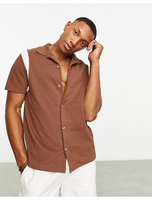 ASOS DESIGN pique shirt with contrast panels in brown