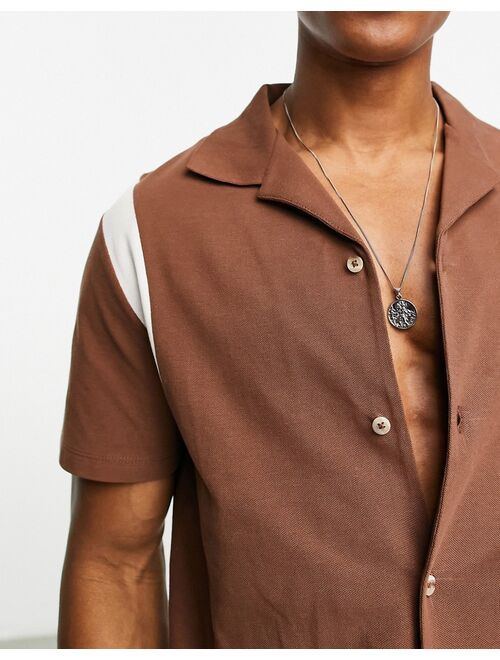 ASOS DESIGN pique shirt with contrast panels in brown
