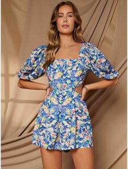 SHEIN VCAY Square Neck Cutout Waist Allover Floral Romper