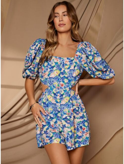 SHEIN VCAY Square Neck Cutout Waist Allover Floral Romper