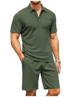 Men's Waffle Knit Polo Shirt and Shorts Set 2 Pieces Outfits Summer Suit Casual Tracksuit with Pockets