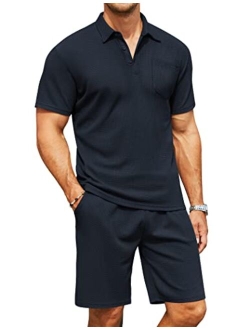 Men's Waffle Knit Polo Shirt and Shorts Set 2 Pieces Outfits Summer Suit Casual Tracksuit with Pockets