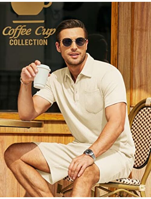 COOFANDY Men's Waffle Knit Polo Shirt and Shorts Set 2 Pieces Outfits Summer Suit Casual Tracksuit with Pockets