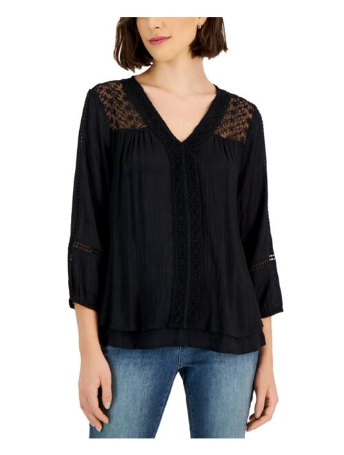 STYLE & CO Women's 3/4-Sleeve Embroidered Lace Top, Created for Macy's