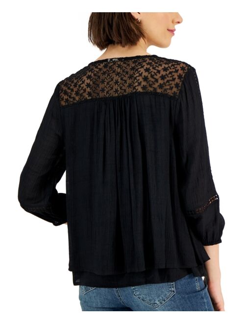 STYLE & CO Women's 3/4-Sleeve Embroidered Lace Top, Created for Macy's