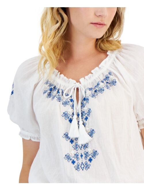 LUCKY BRAND Women's Embroidered Peasant Top