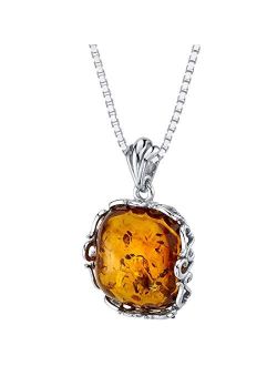 Genuine Baltic Amber Cushion Cut Pendant Necklace for Women 925 Sterling Silver, Rich Cognac Color, Designer Scroll Gallery with 18 inch Chain