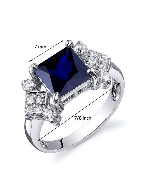 Peora Created Blue Sapphire Ring for Women in Sterling Silver, Vintage Style Design, Princess Cut 2.50 Carats total, Comfort Fit, Sizes 5 to 9