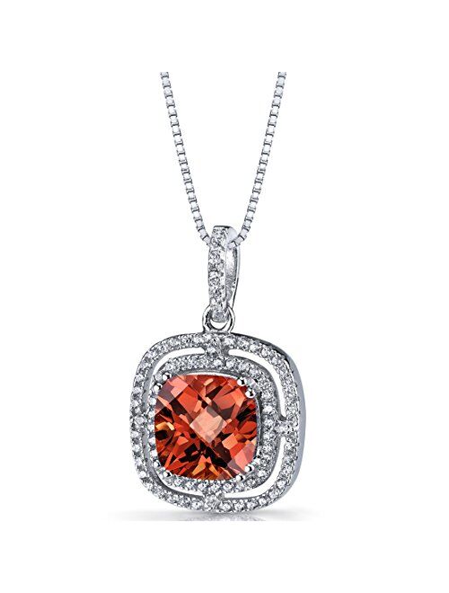 Peora Created Padparadscha Sapphire Pendant Necklace in Sterling Silver, 4.25 Carats total, Cushion Cut, 9mm, Double Halo with 18 inch Chain