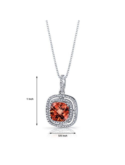 Peora Created Padparadscha Sapphire Pendant Necklace in Sterling Silver, 4.25 Carats total, Cushion Cut, 9mm, Double Halo with 18 inch Chain