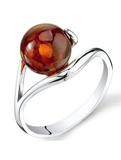 Genuine Baltic Amber Round Solitaire Ring for Women 925 Sterling Silver, Rich Cognac Color, Sizes 5 to 9