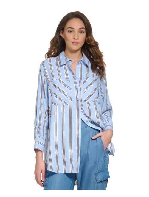 DKNY Women's Striped Metallic Long-Sleeve Drawstring-Cuff Shirt
