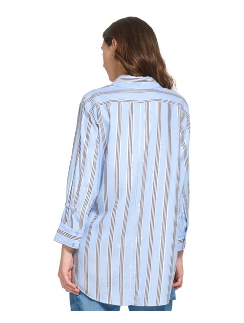 DKNY Women's Striped Metallic Long-Sleeve Drawstring-Cuff Shirt