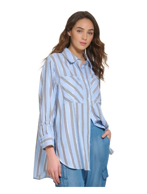 DKNY Women's Striped Metallic Long-Sleeve Drawstring-Cuff Shirt
