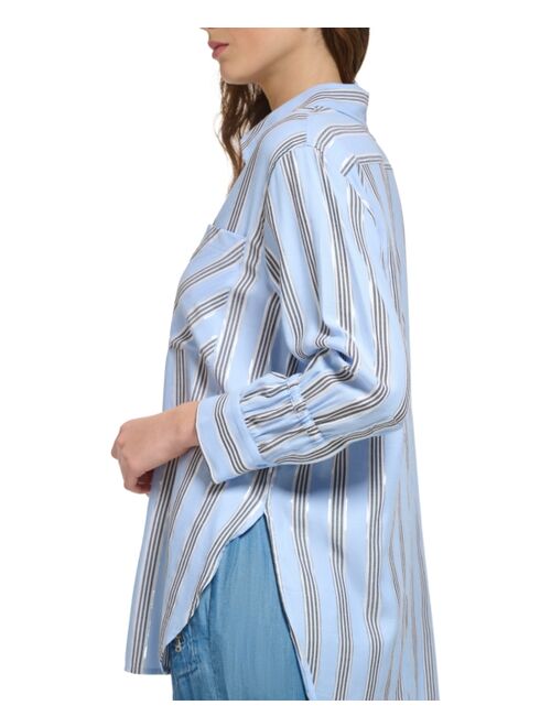 DKNY Women's Striped Metallic Long-Sleeve Drawstring-Cuff Shirt