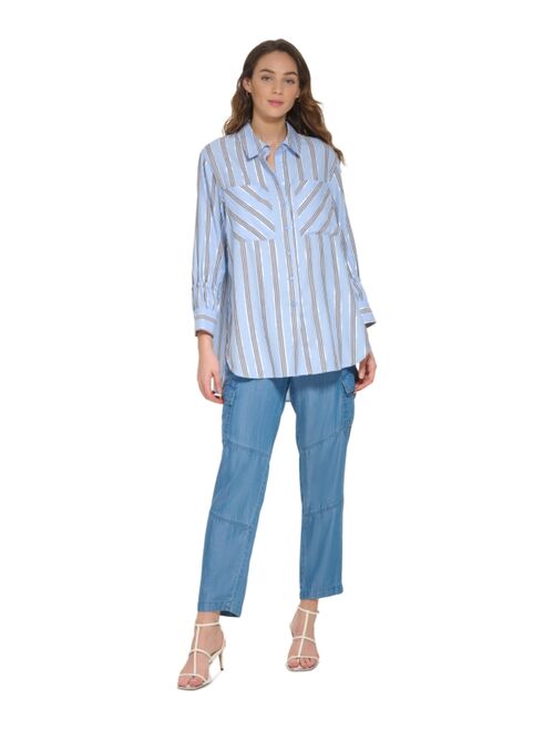 DKNY Women's Striped Metallic Long-Sleeve Drawstring-Cuff Shirt