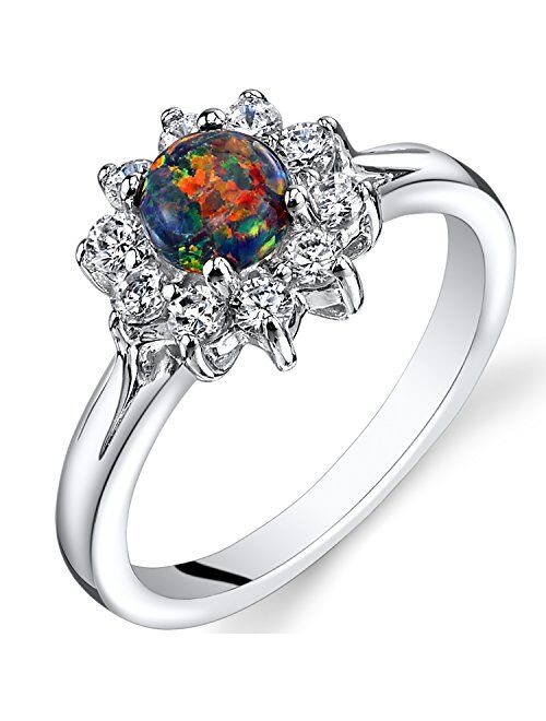 Peora Created Black Opal Daisy Ring Sterling Silver CZ Accent Sizes 5 to 9