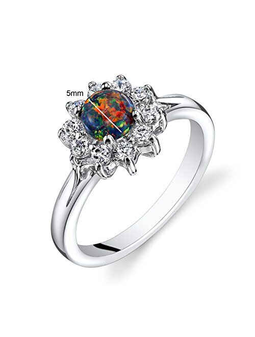 Peora Created Black Opal Daisy Ring Sterling Silver CZ Accent Sizes 5 to 9