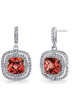 Created Padparadscha Sapphire Earrings in Sterling Silver, Designer Dangle Drops, 6 Carats total, Cushion Cut, 8mm, Double Halo