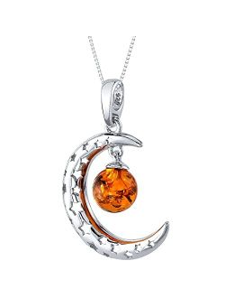 Genuine Baltic Amber Crescent Moon and Star Charm Pendant Necklace for Women 925 Sterling Silver, Rich Cognac Color, with 18 inch Chain