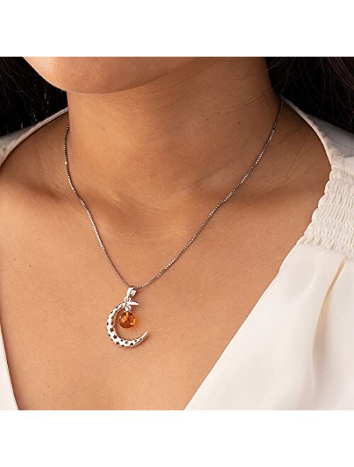 Peora Genuine Baltic Amber Crescent Moon and Star Charm Pendant Necklace for Women 925 Sterling Silver, Rich Cognac Color, with 18 inch Chain