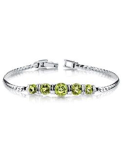Peridot 5-Stone Bracelet for Women 925 Sterling Silver, Natural Gemstone, 4.75 Carats total Round Shape, 7 1/2 inch length