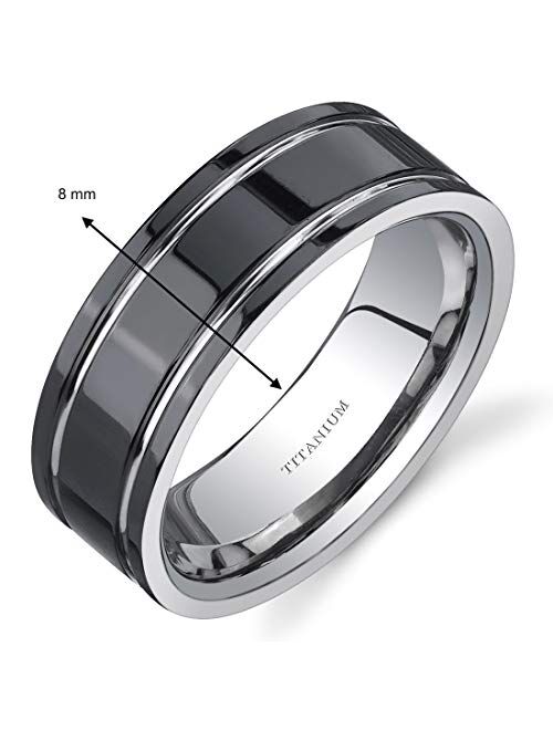 Peora Men's Genuine Black Titanium Classic Wedding Ring Band, 8mm, Comfort Fit, Sizes 8 to 13
