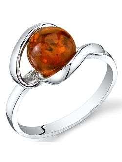 Genuine Baltic Amber Ring for Women in Sterling Silver, Rich Cognac Color, Designer Open Spiral Solitaire, Comfort Fit, Sizes 5 to 9