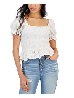 ALMOST FAMOUS Crave Fame Juniors' Short-Sleeve Ruffle-Hem Smocked Top