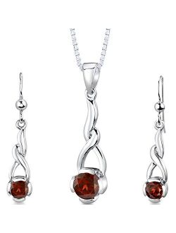 Garnet Elegant Twist Earrings Pendant Necklace Jewelry Set for Women 925 Sterling Silver, Natural Gemstone Birthstone, 2.25 Carats total Round Shape, with 18 inch I