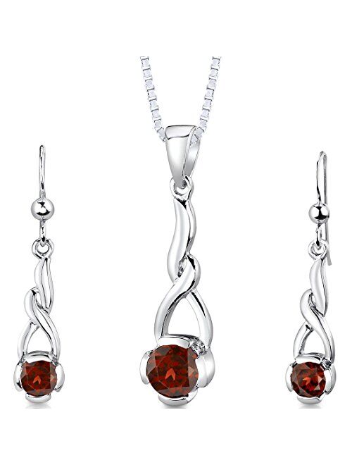 Peora Garnet Elegant Twist Earrings Pendant Necklace Jewelry Set for Women 925 Sterling Silver, Natural Gemstone Birthstone, 2.25 Carats total Round Shape, with 18 inch I