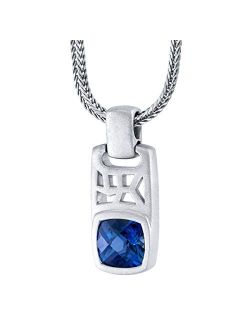 Created Blue Sapphire Tag Pendant Necklace for Men in Sterling Silver, 4.50 Carats Cushion Cut, Brushed Finished, with 22-Inch Italian Chain