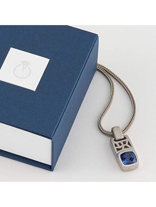 Peora Created Blue Sapphire Tag Pendant Necklace for Men in Sterling Silver, 4.50 Carats Cushion Cut, Brushed Finished, with 22-Inch Italian Chain