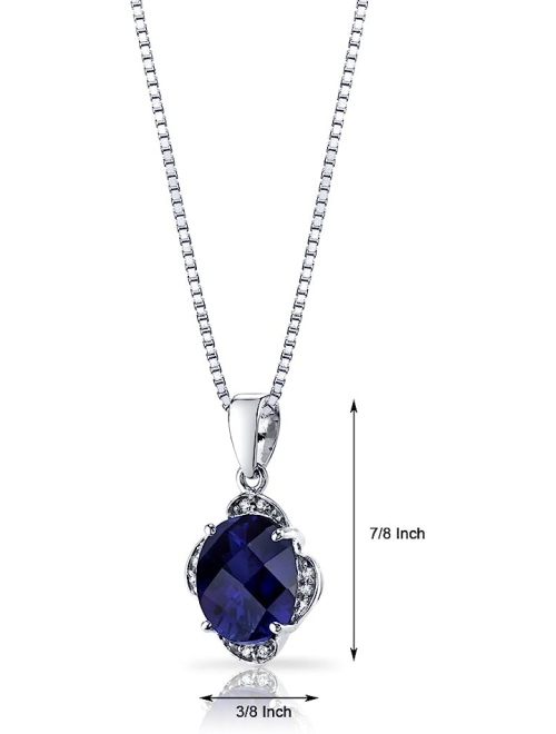 Peora Created Blue Sapphire and Genuine Diamond Pendant 14K White Gold Oval Shape 3.50 Carats Total