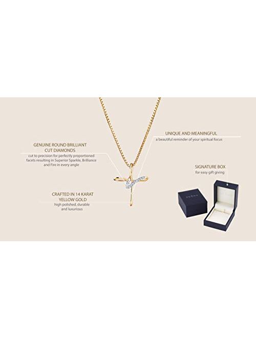 Peora Genuine Diamond Cross Pendant for Women in 14K Yellow Gold, Elegant Jewelry Design with 18 inch Chain