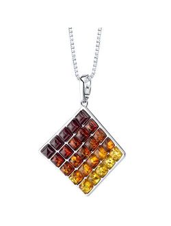 Genuine Multicolor Baltic Amber Pendant Necklace for Women 925 Sterling Silver, Designer Square Waffle, Rich Multiple Colors, with 18 inch Chain