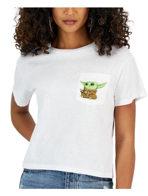 DISNEY Juniors' Crew-Neck Baby-Yoda-Graphic Pocket T-Shirt