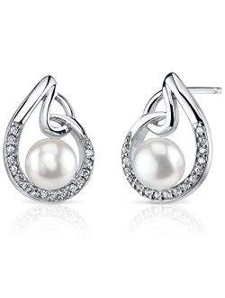 Freshwater Cultured White Pearl Teardrop Knot Earrings in Sterling Silver, 6.50mm Round Button Shape, Friction Backs