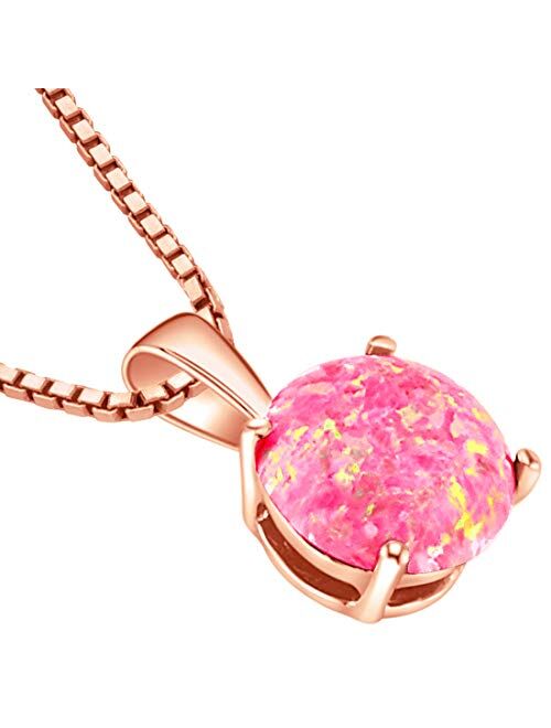 Peora Solid 14K Rose Gold Created Pink Opal Pendant for Women, Classic Solitaire, Round Shape, 8mm, 1 Carat total